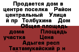 Продается дом в центре поселка › Район ­ центральный › Улица ­ 1-й пр. Толбухина › Дом ­ 36 › Общая площадь дома ­ 80 › Площадь участка ­ 3 › Цена ­ 1 600 000 - Адыгея респ., Тахтамукайский р-н, Яблоновский пгт Недвижимость » Дома, коттеджи, дачи продажа   . Адыгея респ.